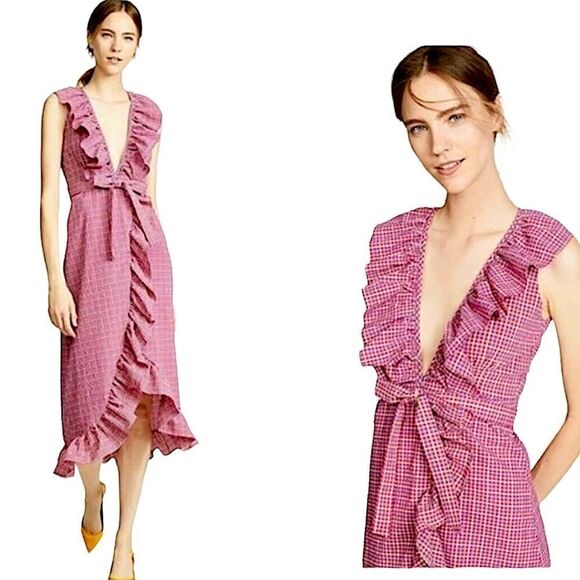 MISA Los Angeles Stella Gingham-Print Draped Ruffle Midi Wrap Dress Pink - Picture 3 of 16